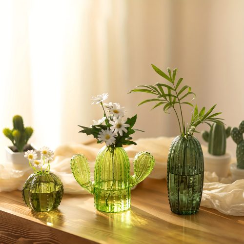 Set of 3 Cactus Glass Plant Propagation Stations: Unique Hydroponic Vases for Air Plants Cuttings Home Garden Decor with Stable Base Tall Round Classic Styles
