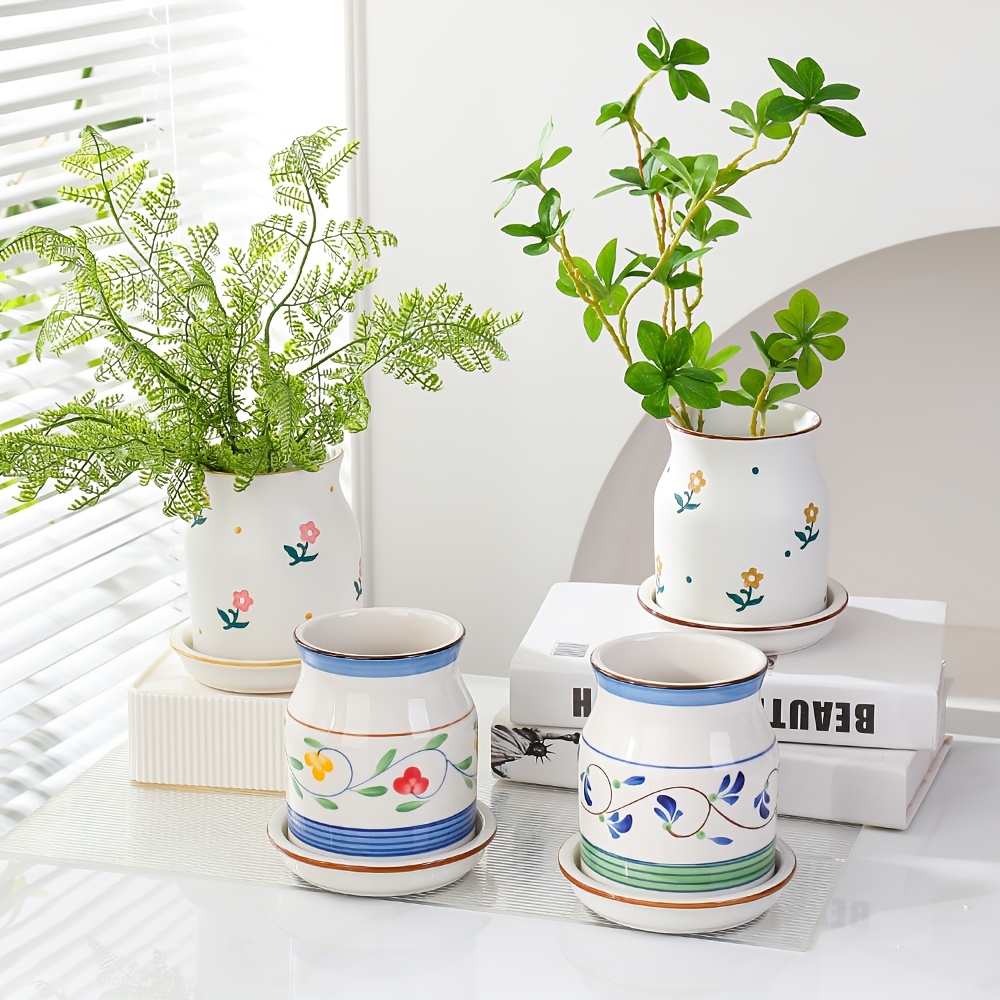 1 Set of Flower Pot Kit, Modern Ceramic Pots for Small Succulent Plants, Creatively Designed Round Pots for Indoor Use, Perfect for Office Desk Plants, Featuring a Tray Design for Easy Maintenance