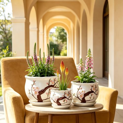 Set of 3 Ceramic Flower Pots with 3D Embossed Plum Blossom Pattern, Saucers And Drainage Holes, Fresh Chinese-Style Planters for Succulents And Green Plants, Gifts for Christmas And New Year