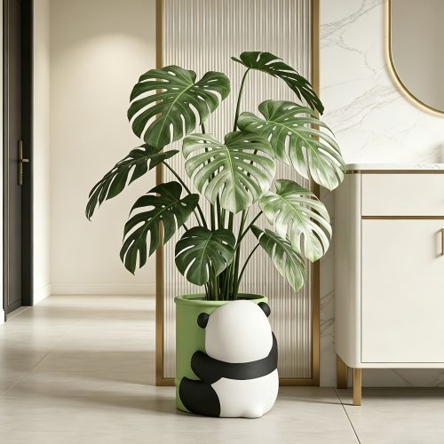 1pc Panda Ceramic Floor Planter, Creative and Adorable Hand-Painted Ornament, High-Value Indoor Decoration, Artificial Green Plant Pot with Drainage Hole, Suitable for Succulent Potted Plants Gardening Gift,home Decor