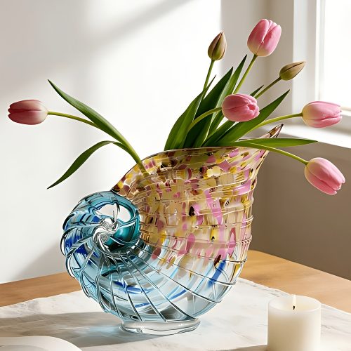 Hand-Blown Glass Conch Vase - Handcrafted Liuli Seashell Sculpture Suitable for Desktop Display, Candy Dish & Jewelry Holder, Marine Tabletop Decor, Luxurious Gift for Women, Elegant Conch Vase for Home Accent, Jewelry