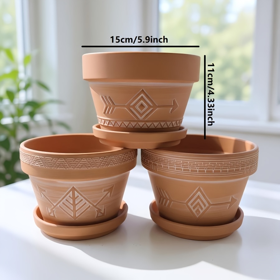 3pcsu002F1pc Red Clay Flower Pot with Tray Set, Breathable Succulent Planter, Vintage Distressed Artistic Rustic Relief Design, Garden Balcony Courtyard Terracotta Plant Pot Gardening Gift,home Decor