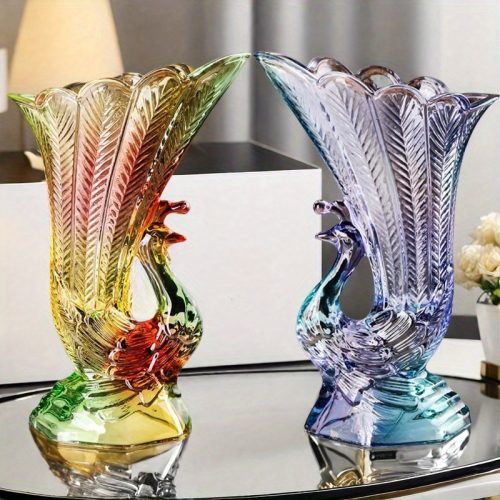 Bohemian Glass Peacock Vase, Exquisite Relief Painting Technique - Symbolizing Love And Wealth, Handcrafted Round Decorative Flower Arrangement, Suitable for Flower Arrangement And Fairy Flower, Living Room, Bedroom, Office Home Decoration