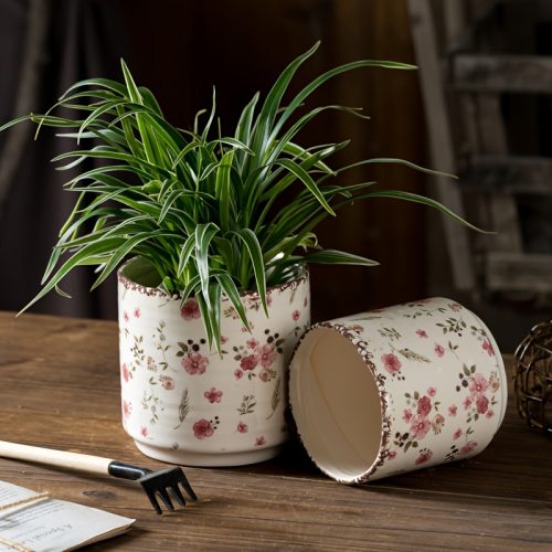Vintage Floral Ceramic Planter Pot with Drainage Hole, Retro Crackle Glaze, Round Plant Pot for Indooru002FOutdoor Plants, Succulent, Orchid, Home Decor gardening gift