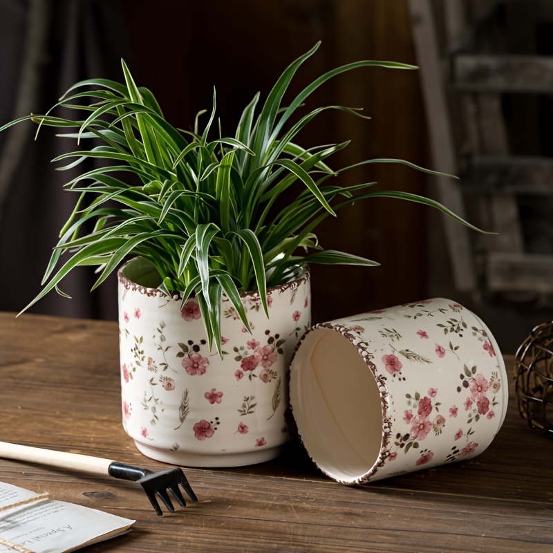 Vintage Floral Ceramic Planter Pot with Drainage Hole, Retro Crackle Glaze, Round Plant Pot for Indooru002FOutdoor Plants, Succulent, Orchid, Home Decor gardening gift