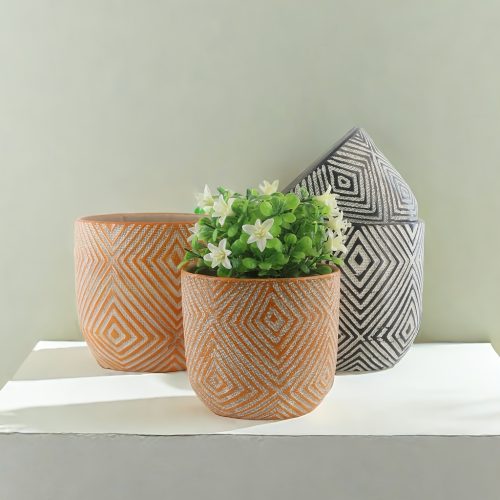 Set of 2 Geometric Round Flowerpots, Terracotta Planters, for Flowers, Cacti - Perfect for Home, Bedroom, Garden Decor, Planter Pots, Indoor & Outdoor Use Gardening Gift for Home Decor