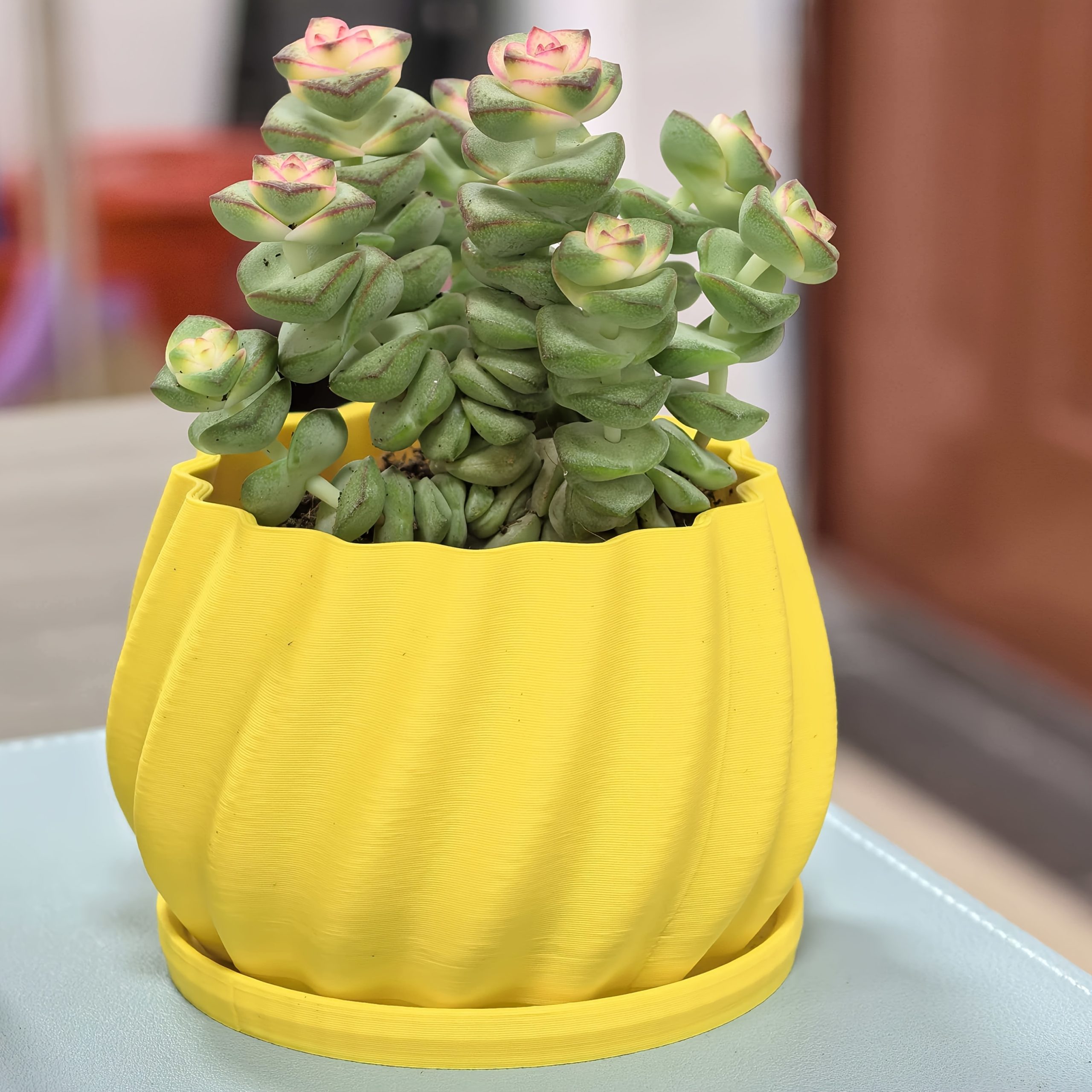 Ribbed Flower Pot with Drainage Holes, Yellow Textured Succulent Planter, Modern Indoor Plant Pot with Removable Tray Planter Flower Pot Plant Pot Pot for Plants Garden Pot Indoor Planter Outdoor Garden Pot Office Desk Plant Pot Home Decor Planter G - Image 2