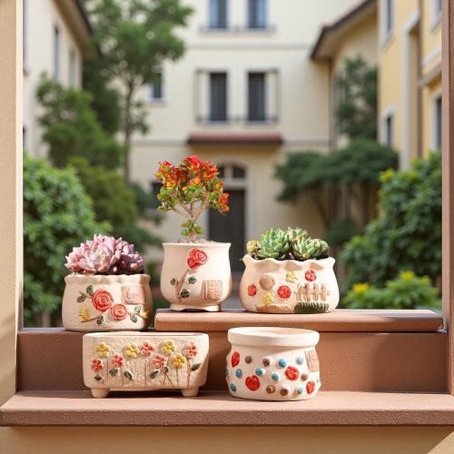 Variety of elegant ceramic flower pots, ventilation and drainage holes, windowsills, balconies, home desktop decoration, indoor and outdoor green plants, succulents, orchid plant containers